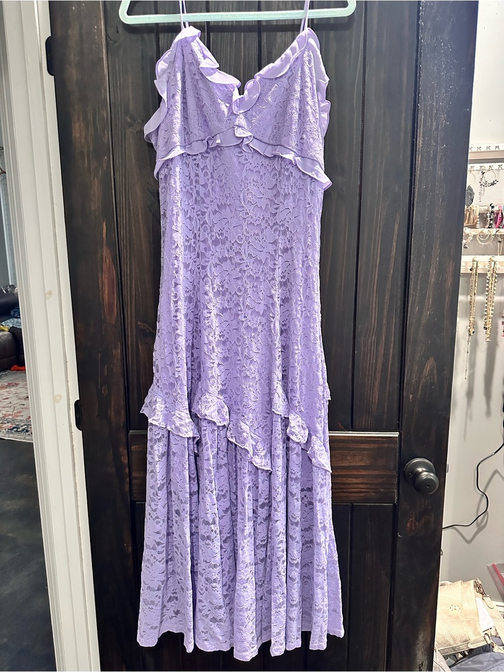 In Bloom Lavender Lace Ruffle-Trim Maxi Dress